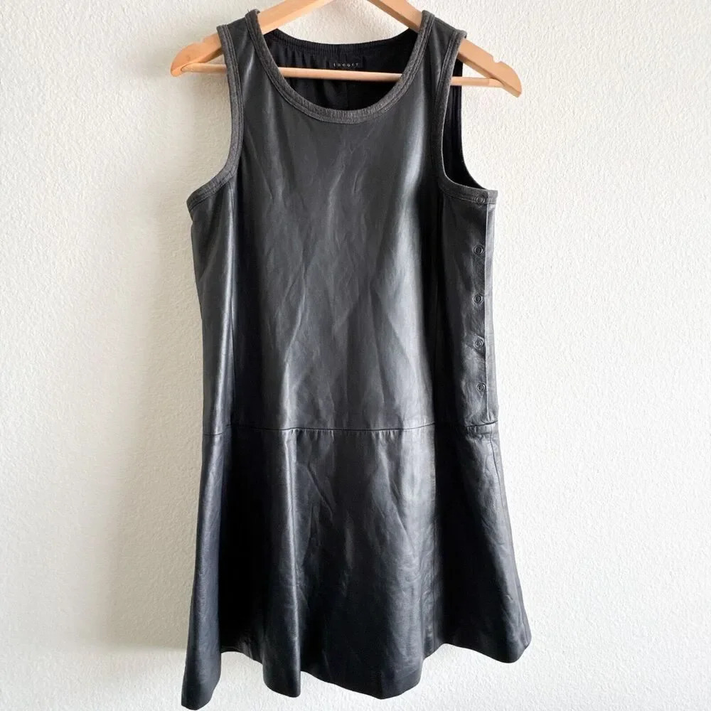 THEORY Nidan C Black Lambskin Leather Sleeveless Drop Waist Dress Size 8 - Picture 4 of 16